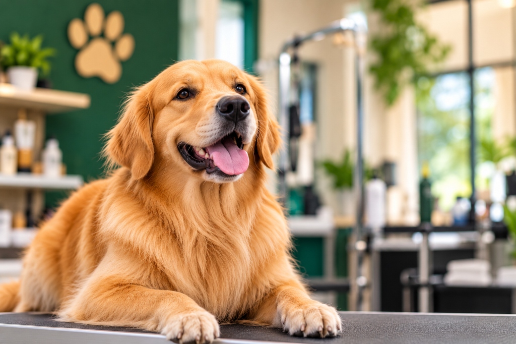 Golden retriever resting happily after grooming at Fluffy Tails Pet Grooming in Kurnool